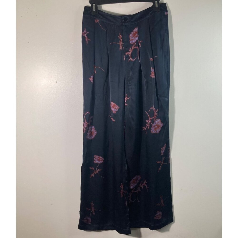 Womens Anthropologie TRYB Silk Floral Wide Leg Pants Front Zip M Black Red